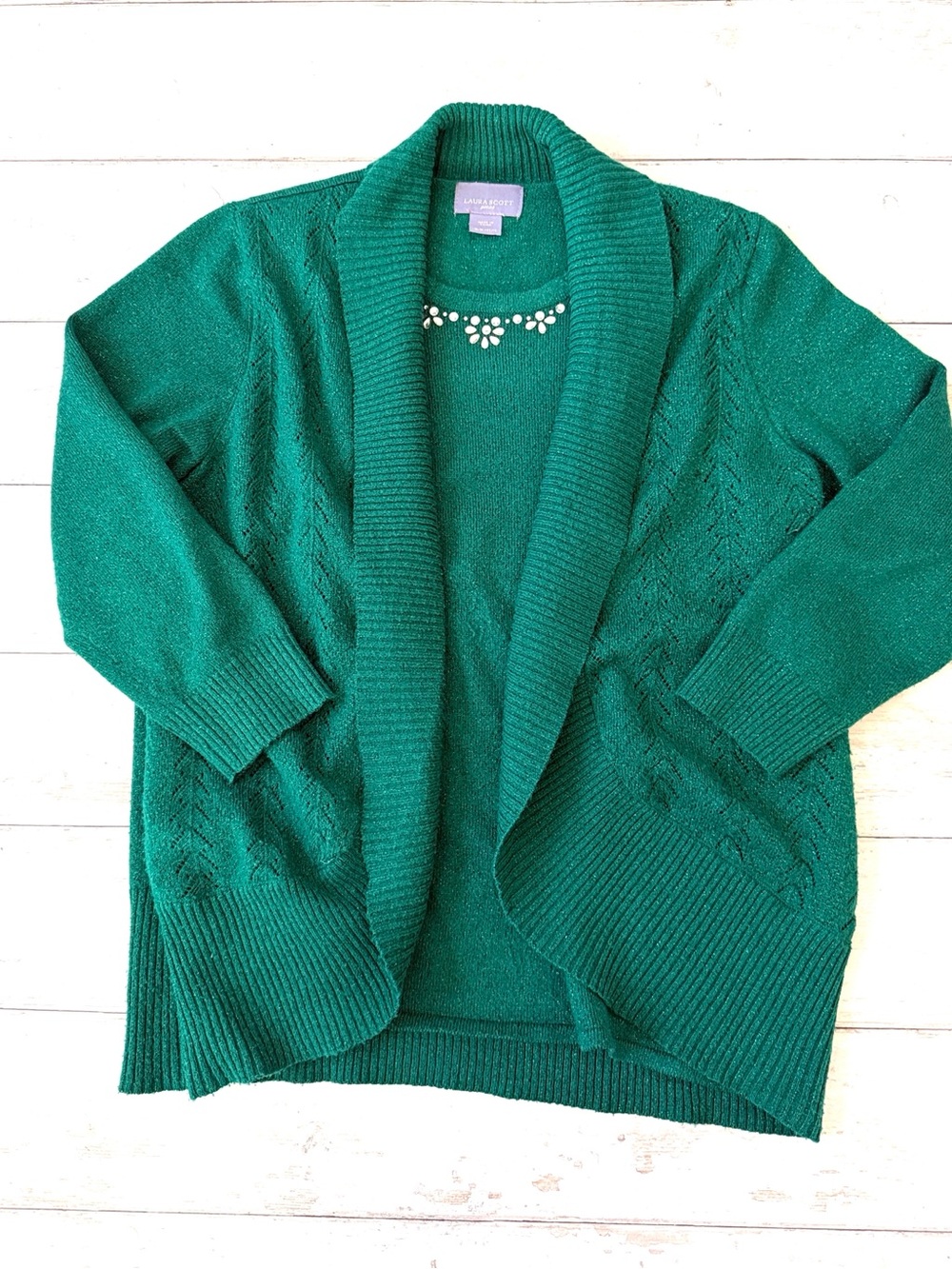 Laura Scott petite Medium Glitter Green Faux Layered Cardigan Sweater & Top